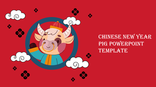 Chinese new year PowerPoint template featuring a smiling pig character with a traditional red and gold design.