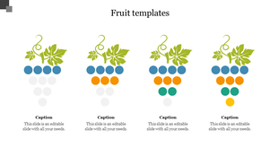 Illustration of grape clusters with green leaves and increasing rows of colored circles in blue, orange, green, and yellow.