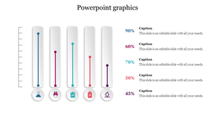 Graphics PowerPoint slide featuring five vertical progress bars with different percentages and icons with captions.