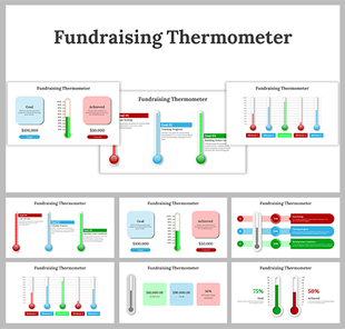 Slides featuring fundraising thermometers in red, blue, and green, visually tracking goal achievement with labeled sections.