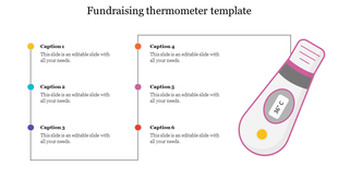 Fundraising slide features a digital thermometer illustration in pink and gray, with six colorful captions on the left.