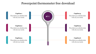 Thermometer graphic reading 36° C, with six caption boxes in various colors, three on each side with placeholder text areas.