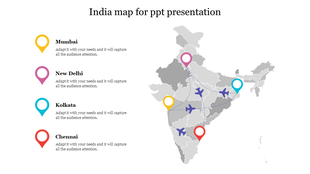 India map with four colorful location markers and airplane icons, with a key listing city names on the left.
