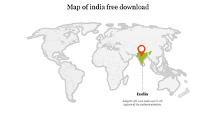 Map of India highlighted on a global map with a red pin marking its location placed in a white background.
