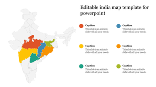 India map slide with highlighted states in different colors, accompanied by captions on the right.