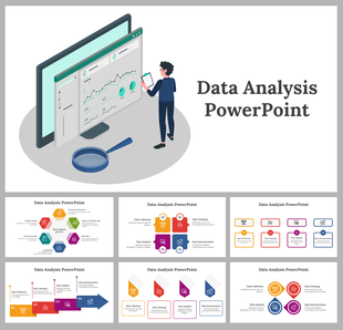 Data analysis PowerPoint featuring an illustration of data charts and various slides layouts for analysis steps.