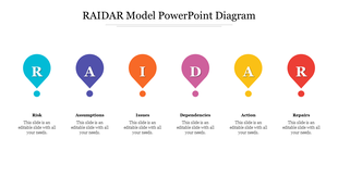 Horizontal layout with six teardrop shaped markers in blue, purple, orange, pink, yellow, and red, each linked to text.