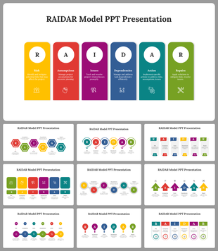 Color-coded RAIDAR framework overview slide deck with individual categories and icons in vibrant colour panel.