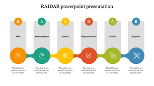 RAIDAR diagram with six vertical segments in orange, teal, yellow, red, green, and blue, each with icons and captions below.