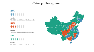 PowerPoint slide showing a map of China with regions highlighted in green, orange, and blue with percentages and captions.