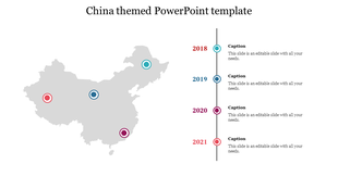 China map with four colored location markers linked to a vertical timeline from 2018 to 2021, each with a caption areas.