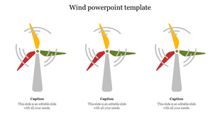 Slide with three wind turbines, each with rotating red, yellow, and green blades, and caption boxes beneath for text.