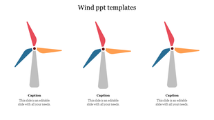 Three windmill icons with red, blue, and orange blades on gray stands, aligned horizontally on a white background.