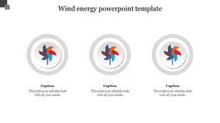 Wind energy PowerPoint template featuring three windmill icons with colorful blades and captions on a white backdrop.