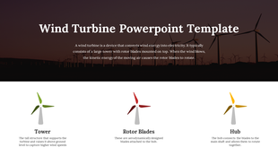 Silhouetted wind turbines against a dark sky, with three colorful icons in green, red, and yellow, with a description.