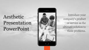 Aesthetic PPT template showing a team working together with charts and laptops on a table, displayed on a phone screen.