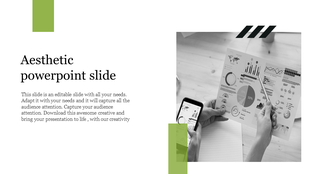 Aesthetic layout featuring grayscale analytics photo and placeholder text on the left with green design elements.