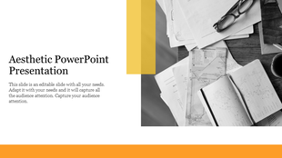 Slide featuring a monochrome workspace image, with yellow geometric elements, and structured text on the left.