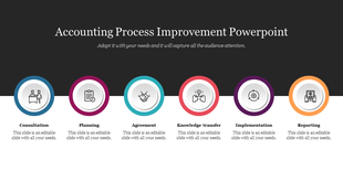 Six colorful circular icons on a white background, with a black header above, depicting steps in an improvement process.