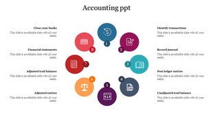Accounting process diagram slide showing eight steps with color coded icons and placeholder text.