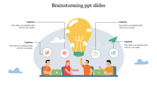PowerPoint slide showing a group brainstorming ideas with a lightbulb and various icons above their heads with captions.