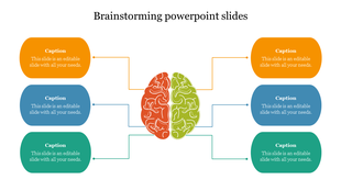 Brain diagram with six curved rectangular caption boxes, evenly spaced on both sides, linked by thin lines.
