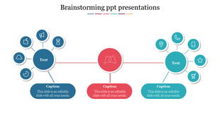 Brainstorming infographic with three interconnected circles, each surrounded by smaller icons, and captions areas.
