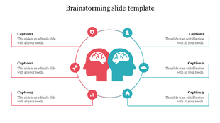 Brainstorming slide with two human head icons in red and blue, surrounded by circular icons and six caption areas.