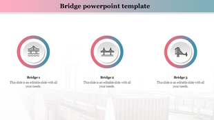 Minimalistic bridge icons inside gradient-bordered circles with three caption areas on a light background.