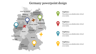 Map of Germany with four colored location markers, linked by a dotted line flight path, with matching captions on the right.