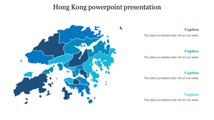 Stylized Hong Kong map with different blue shades representing regions, and four captions on the right.