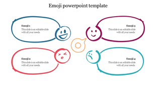 Four colorful hand drawn emoji faces with matching speech bubbles in red, blue, teal, and purple on a white background.