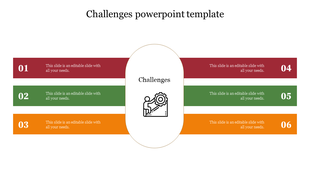 PowerPoint template for challenges, displaying six numbered sections and a gear icon in the middle.