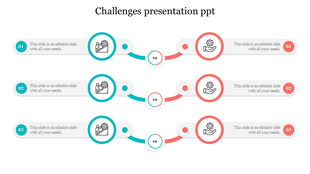Slide displaying three sets of challenge comparisons, featuring teal and red icons and text connected by a 'vs' symbol.