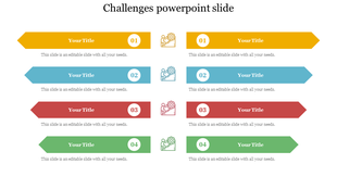 Challenges slide with four colorful arrow-shaped sections, each containing a title and numbered icon with caption areas.