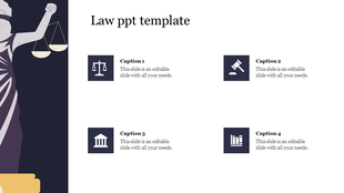 Law slide with icons for justice scale, gavel, courthouse, and books beside editable text captions on a white background.