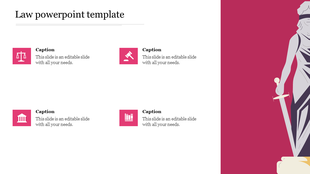 Law themed slide with four icons in pink squares, and a statue holding a sword on a maroon right side panel.