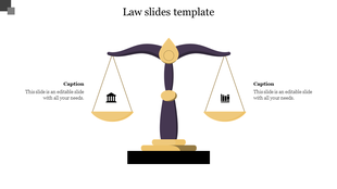 Law themed PowerPoint slide with a scale symbolizing balance between law and data, with icons and captions.