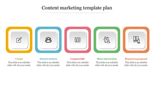 Content marketing slide with five colored square icons labeled from create to proposal, each with matching captions.