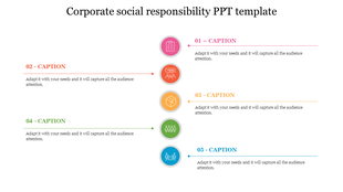Corporate social responsibility PowerPoint template with colorful icons and caption text.