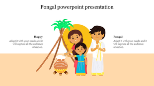 Pongal festival scene with a family in traditional clothes next to a pot, sugarcane, and sun, on a light beige background.