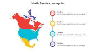 Geographic slide of North America beside a vertical line of four colored icons with matching caption areas sections.