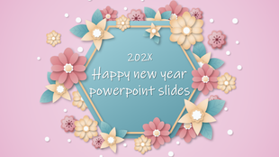 A festive Happy New Year PowerPoint slide with flowers and decorative elements surrounding a central hexagonal frame.