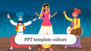 Illustration of three figures in traditional attire, dancing around a bonfire, set against a night sky and grassy field.