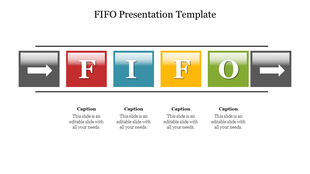 Four colorful boxes displaying the letters F, I, F, O in sequence, bordered by directional arrows on a horizontal line.