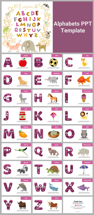 A vibrant alphabet themed slide deck showcasing letters paired with matching illustrations like animals and objects.