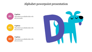 Alphabet slide with a large purple letter D over a cartoon blue dog illustration, with three colorful numbered text captions.