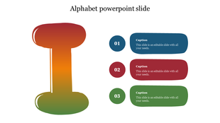 Alphabet slide featuring a gradient letter in orange and green, with three numbered captions in blue, red, and green.