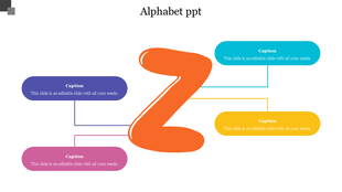 Alphabet slide with a large orange letter Z in the center, linked to five colorful rectangles with editable captions. 