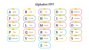 Alphabet template with colorful yellow boxes for each letter, containing the letter and a word in box layout.